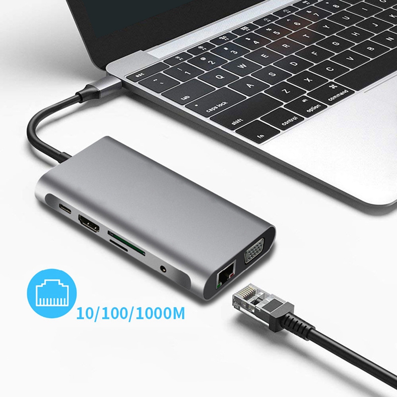 USB HUB C 10 in 1 Thunderbolt 3 Type C Adapter Dock 3 USB 3.0 Port 4K HDMI 1080P VGA RJ45 Gigabit Ethernet for Mac book Pro