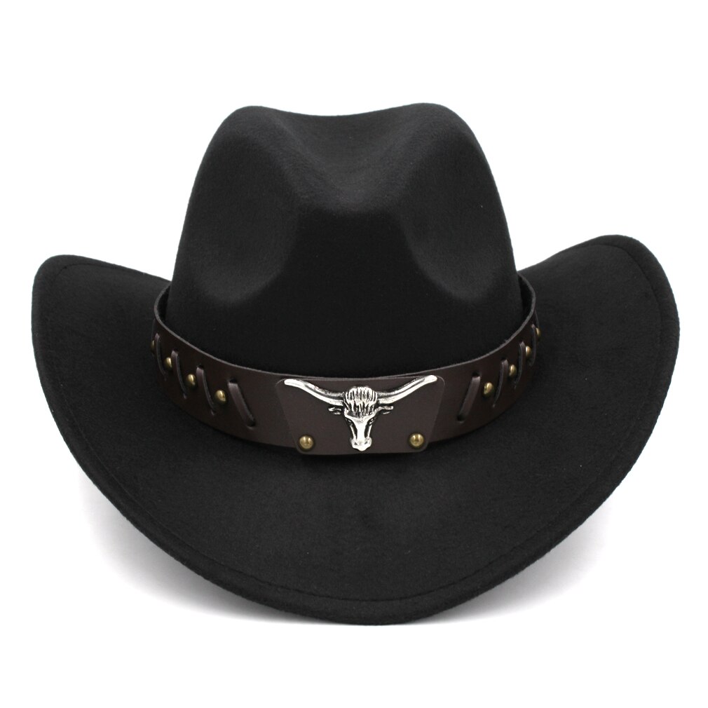 Mistdawn Womem Men Wool Blend Western Cowboy Hat Wide Brim Cowgirl Jazz Sombrero Cap Tauren Leather Band: Black