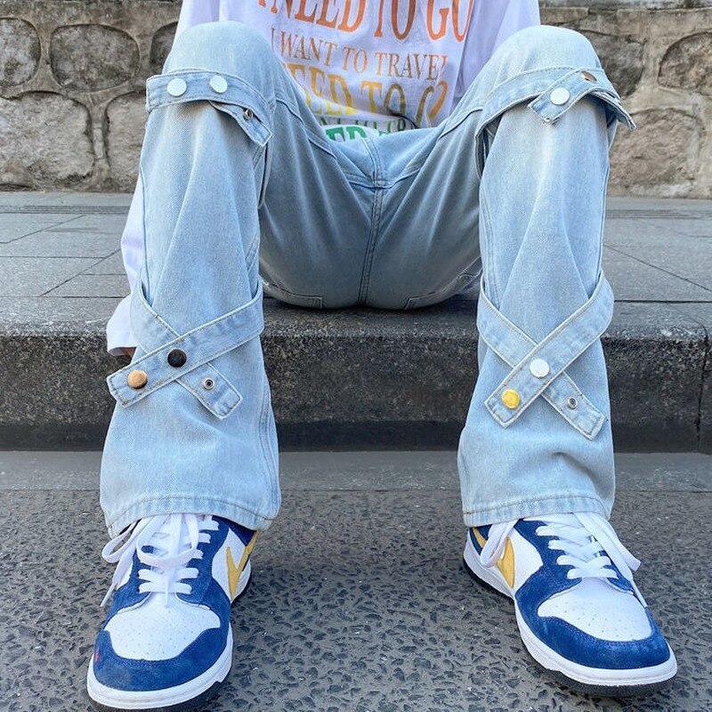 HOUZHOU – Jean gothique pour homme, pantalon en Denim, style Punk, noir, Hip Hop, Streetwear, avec rubans japonais