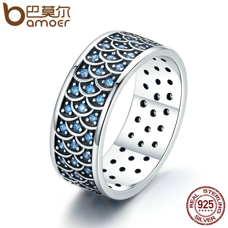 BAMOER Brede Zilveren Ringen voor Vrouwen Authentieke 925 Sterling Zilveren Bee Ster Blauwe Vinger Ring Vrouwelijke Fijne Sieraden Party Bijoux