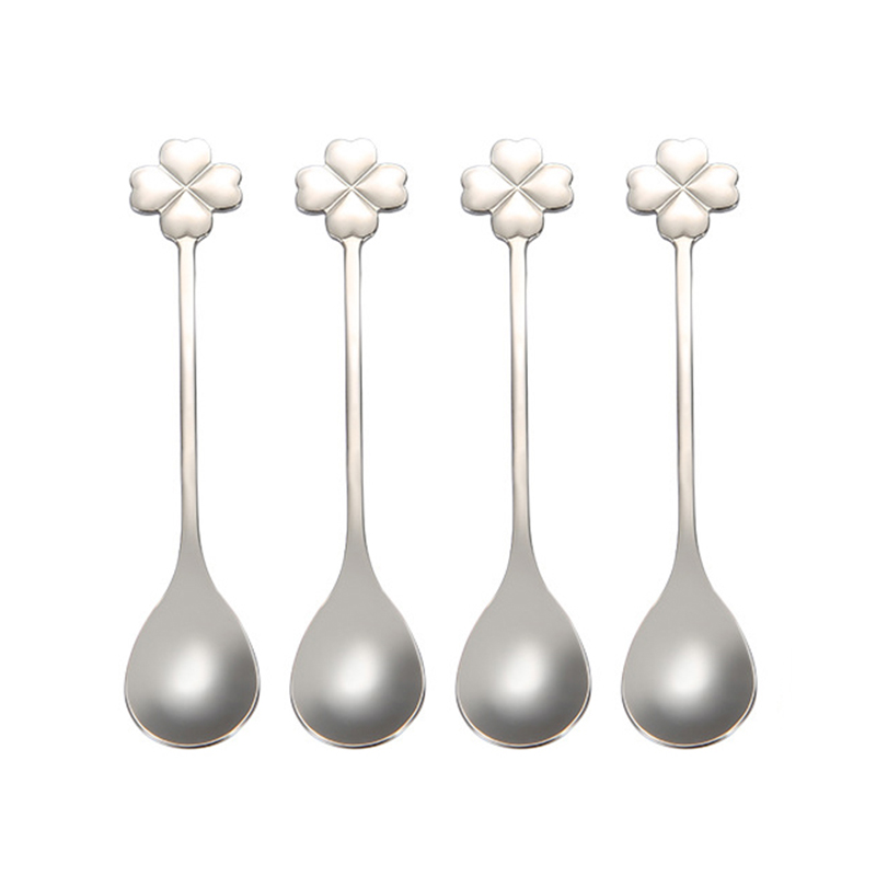 4 Stks/partij Koffie Lepels 12.4 Cm Tiny Lepels 304 Rvs Klavertje Vier Lepel Dessertlepel Set Serveren lepel: Silver 4 Pcs