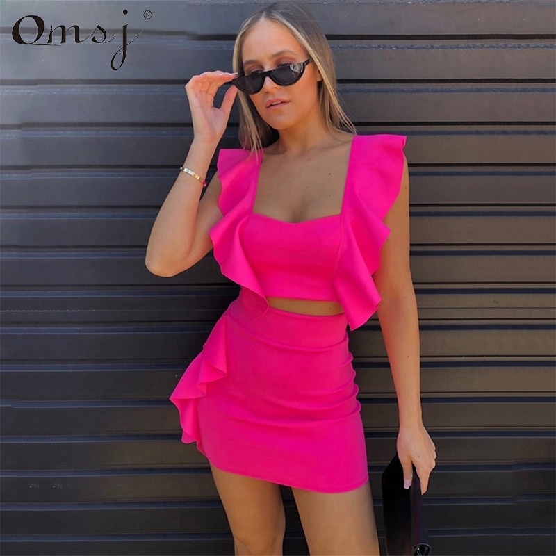OMSJ Strand Stijl 3 Kleuren Vrouwen Zomerjurk Neon Roze Groen Oranje Ruffle Crop Top + Mini Rok sexy Night Club Outfits