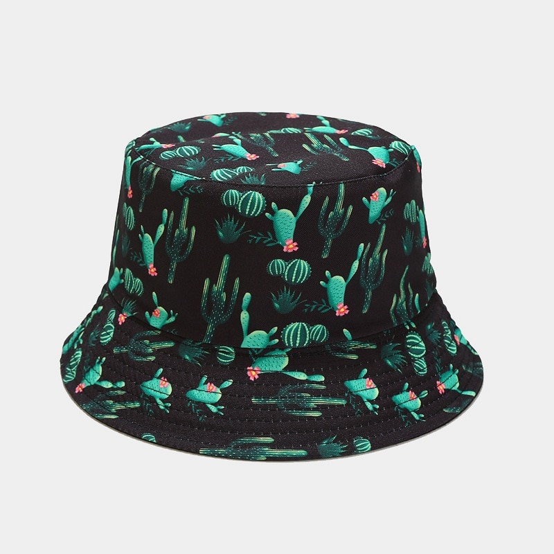Cappello da pescatore estivo con stampa cactus cappello da donna in cotone moda spiaggia cappelli da suola reversibile uomo bob Chapeau Femme cappello Panama cappello da pescatore: piccolo cactus nero