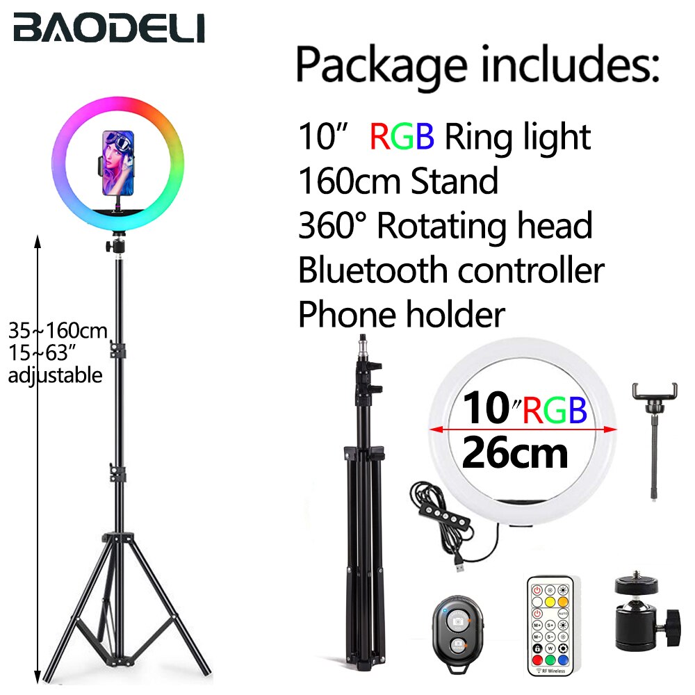 Anillo de luz Led para Selfie, lámpara de luz de relleno circular de 30cm, 12 pulgadas, con trípode y soporte para teléfono: 10in 160cm