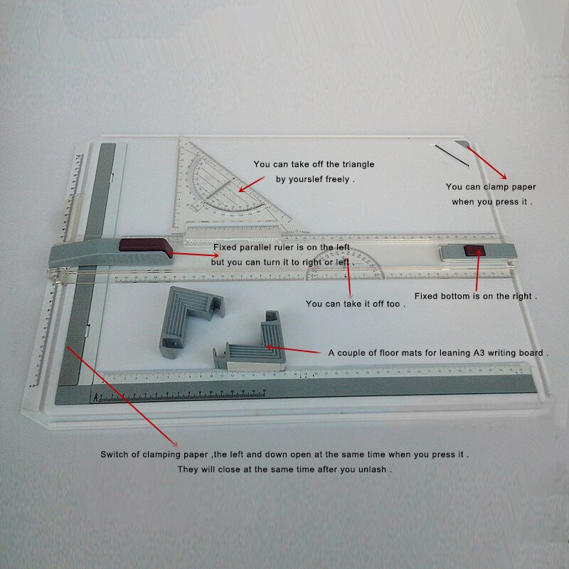 School Supplies A3 Drawing Board Table with Parallel Motion Ruler Protractor and Adjustable Angle Draftsman Art Painting
