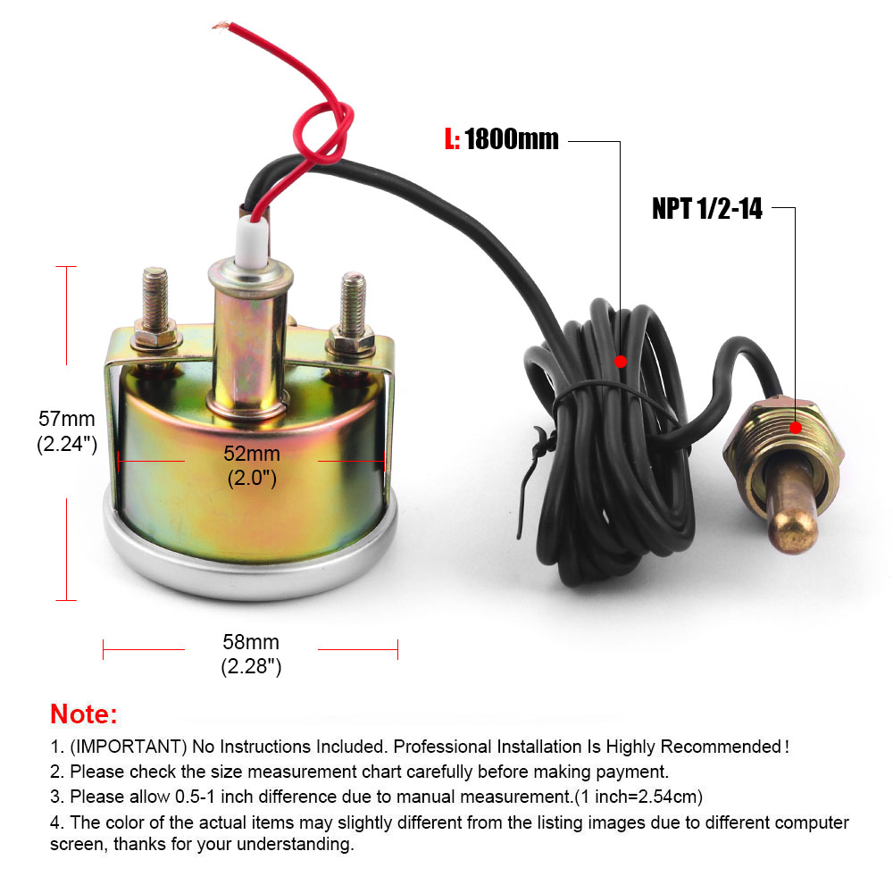 2 "52 MM mechanische 12 V watertemperatuurmeter 38-121 ℃ /100-250 ℉ Watertemperatuurmeter Autometer met sensor NPT 1/2-14