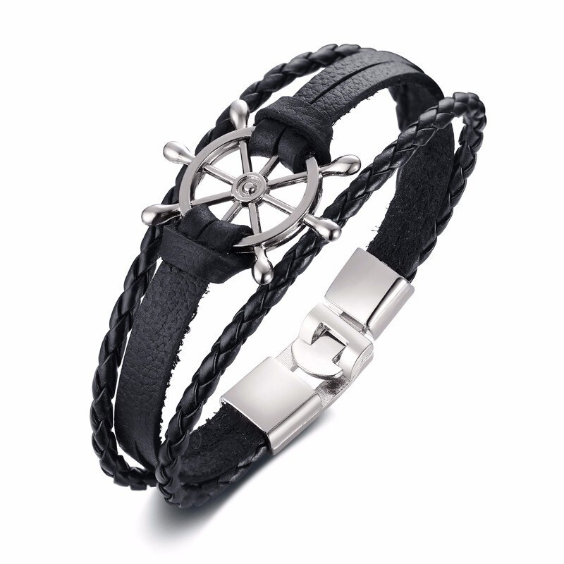 Pulsera de cuero multicapa con timón de marinero para hombre y mujer, brazaletes náuticos, brazalete Vintage,: BL-457B