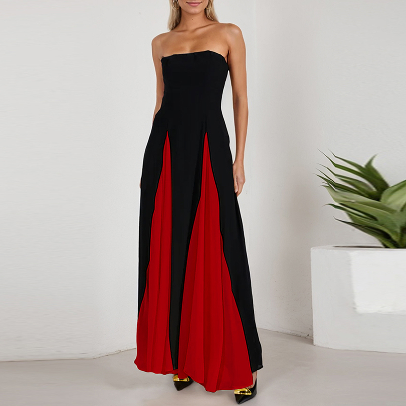 Forårskjoler med off-shoulder-motiv til kvinder sexet tube top farveblokeret patchwork lang kjole sommerkjole med ærmer og ryg