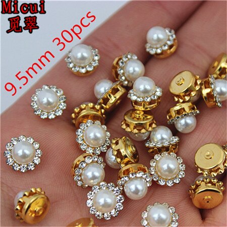 Micui Ronde Parel Kristallen Knop Goud rvs Instelling Metalen Lade Steentjes DIY Sieraden Jurk bruiloft versieren MC70: Gold  9.5mm 30pcs