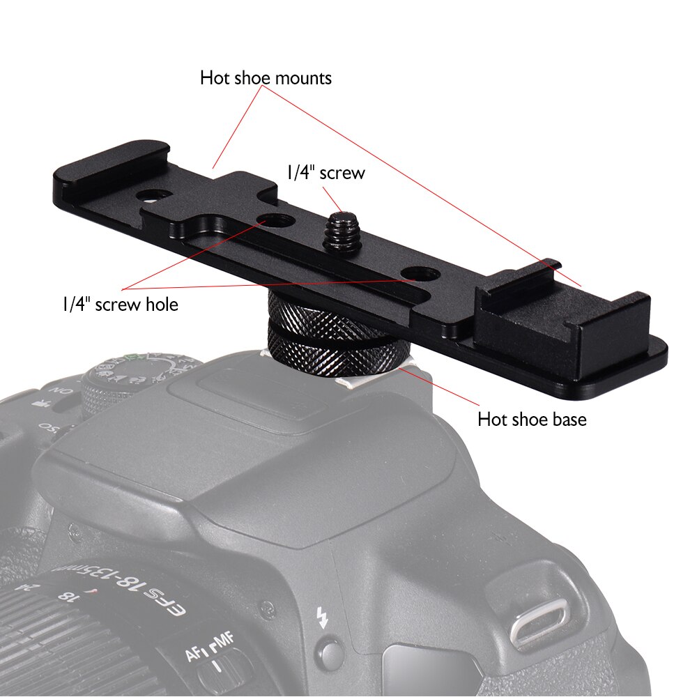 1/4 "parafuso monta dupla sapata quente barra de extensão suporte suporte flash suporte adaptador para flash speedlite led luz vídeo mic