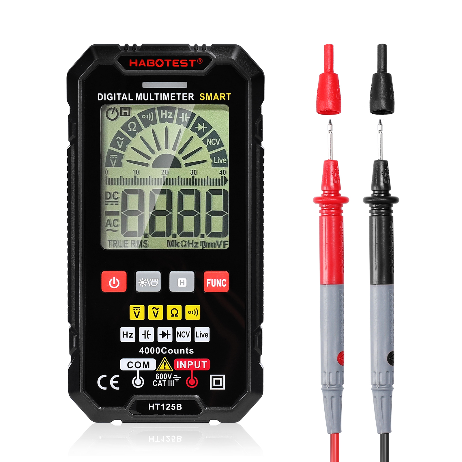 HT125B Smart Digital Multimeter 4000 Counts NCV DC / AC Voltage Resistance Frequency Diode Continuity Capacitance Measurement