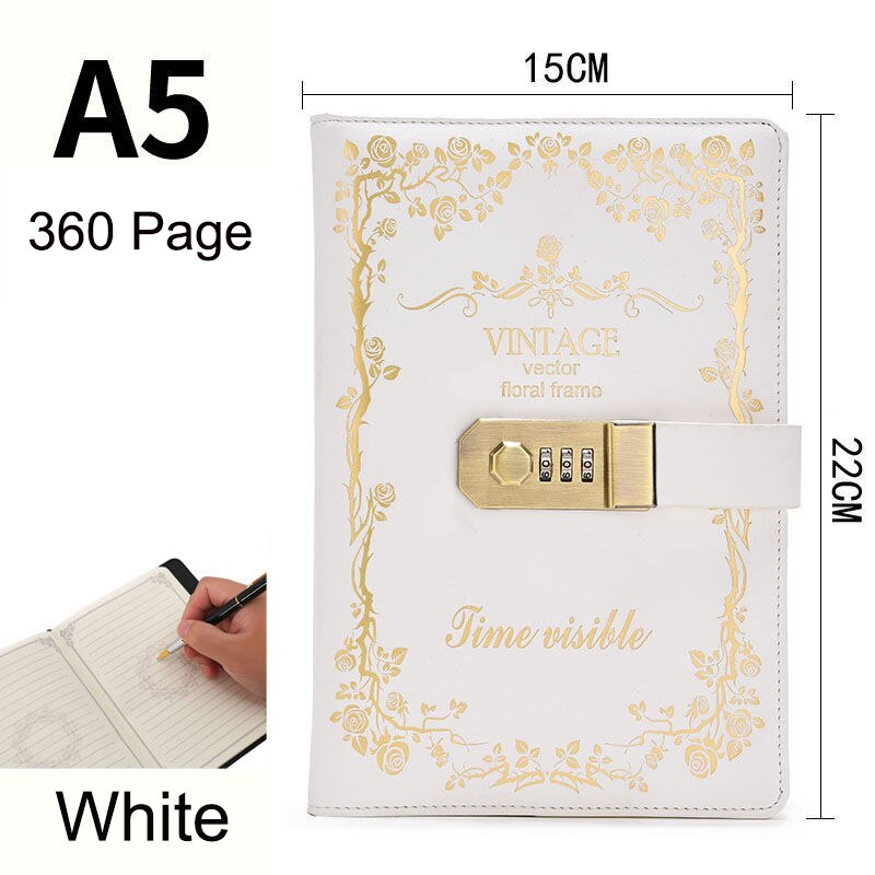 Password Lock Notebook A5 360 Pages Diary Notebook B6 300 Page Students Secretly Keep Notebook Diary Hand Ledger: A5 White