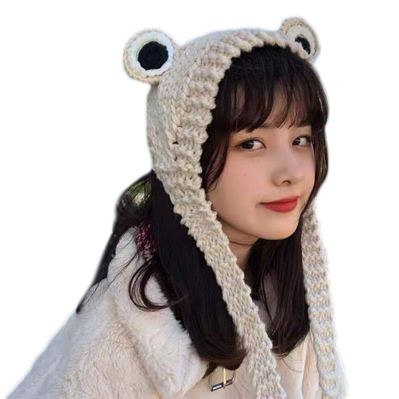 Kvinnor män söta groda ögon väv stickad skullies mössa enfärgad chunky virkad harajuku vinter varm öronlapp keps photograp: W