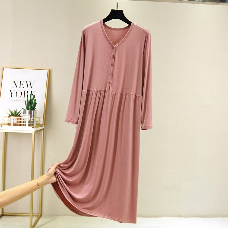 Large early autumn long sleeve button modal cotton loose home dress: Coupling Pink