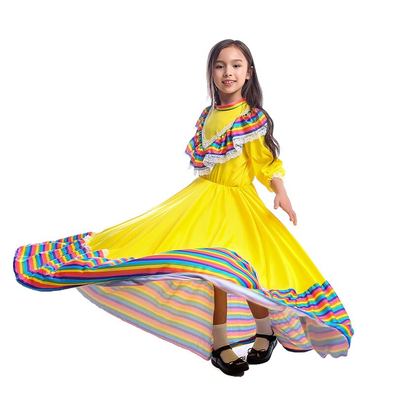 Robe traditionnelle mexicaine pour filles, longue jupe de danse gitane jaune à grands cercles, Costume d&#39;halloween et de carnaval du jour des morts