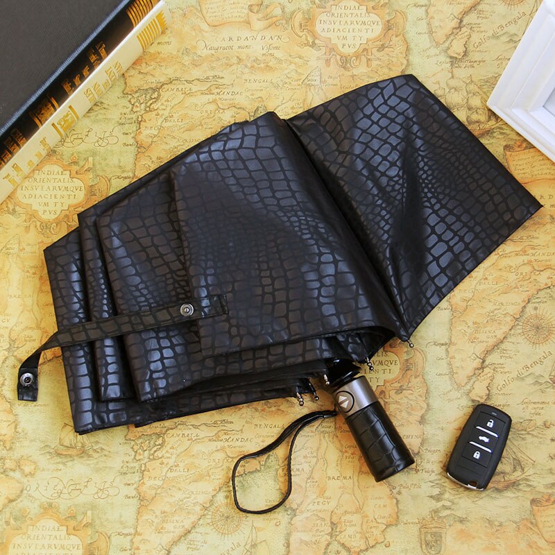Paraguas de cuero de imitación Para hombre y mujer, sombrilla de lujo automática y ancha, resistente a la lluvia y al viento, Para negocios y coche: Black
