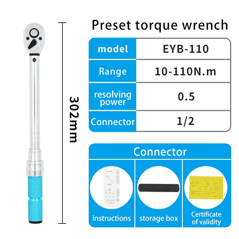 1/2&quot; Adjustable 5-450 N.m Preset Torque Wrench High Accuracy Rotatable Ratchet Hand Tool For Bicycle Car Torque Measurement Tool: 10-110 N.m