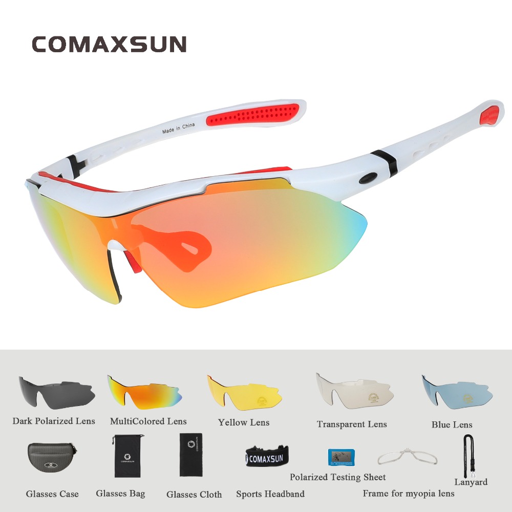 COMAXSUN Polarized Cycling Glasses Bike Goggles Outdoor Sports Bicycle Sunglasses UV 400 With 5 Lens TR90 2 Style