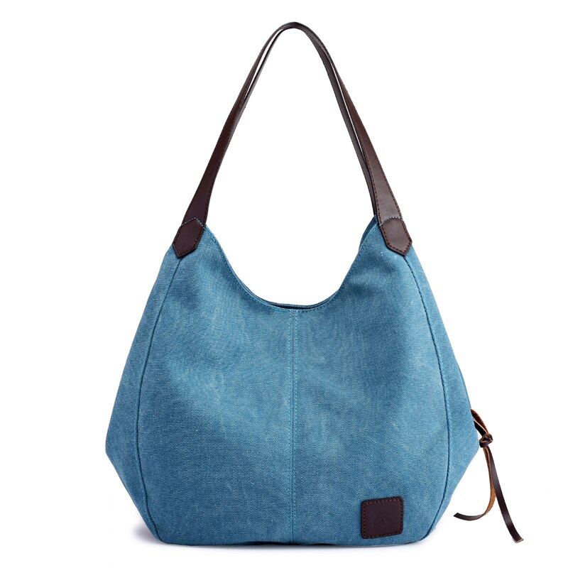Piler stor skulder lærredstaske kvinder håndtasklommer damer hobo tasker afslappede store damer tasker mærke luksus damer håndtasker: Blå