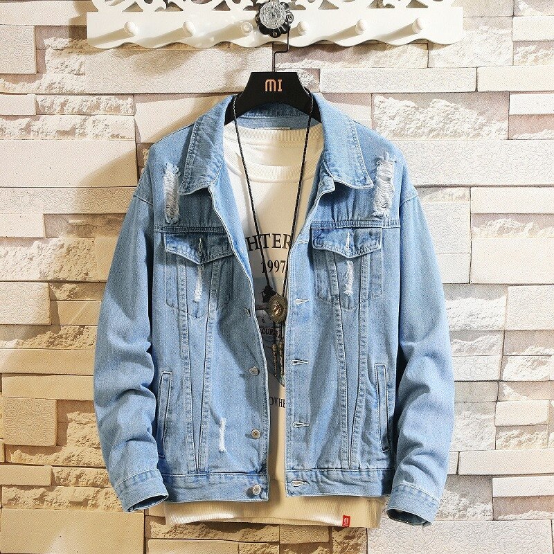 Spring Autumn Men Cotton Outwear Jacket Men Light Blue Denim Jackets Holes Jean Male Jackets Streetwear Casual Coats: XXXL