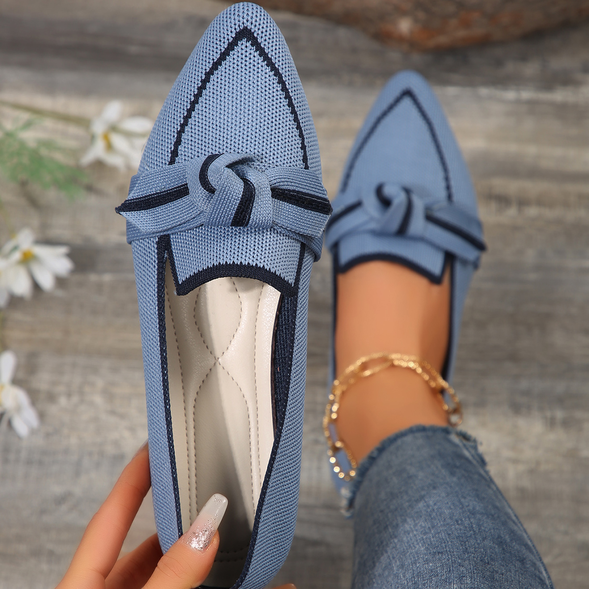 Mocasines ligeros y cómodos para mujer, bailarinas con pajarita, puntiagudas, suaves, descalzos, de punto, Multicolor, informal, bailarina: Azul / 38