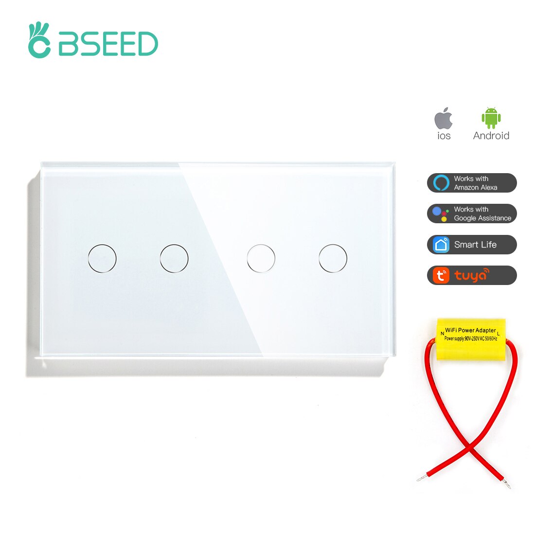 BSEED WIFI Double 2Gang 1way Light Switches Smart Touch Sensor Wall Switch Google Alexa Smart Life App Control Singlive Wire
