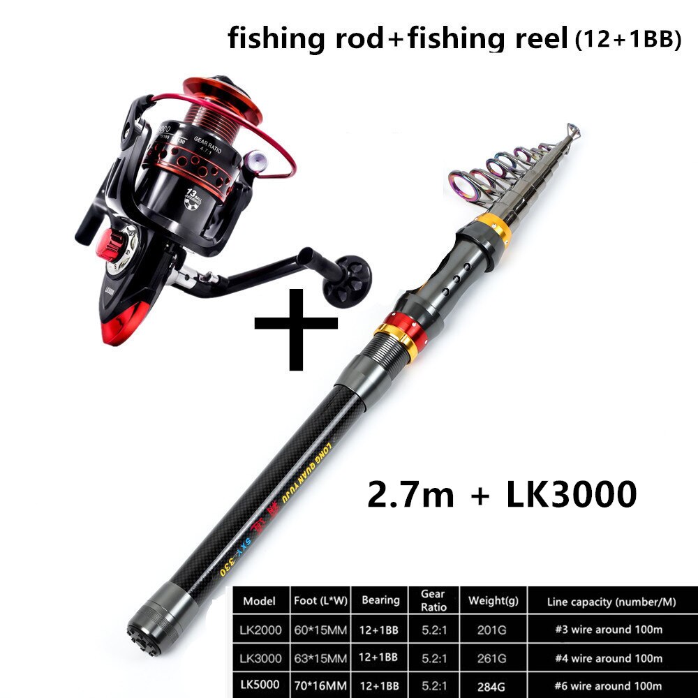 Spinning fiskestang rejse havstang 1.8m 2.1m 2.4m 2.7m 3.0m 3.3m 3.6m carbon teleskop fiskestang og hjul combo sæt shimano: 2.7m og  lk3000