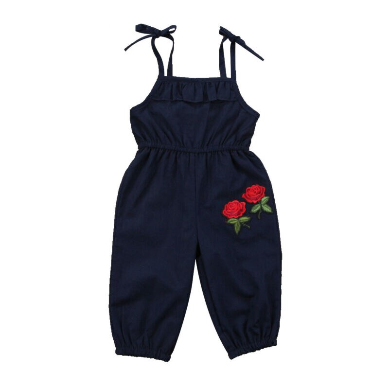 Röd ros tryck sommar flickor overall barn flickor rem blomma ärmlös romper jumpsuit playsuit outfits kläder 1-6y