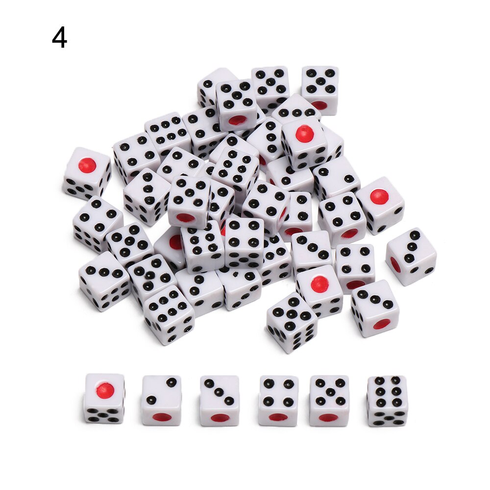 50 stk. / terning terninger 8mm plastik hvid / sort / rød spilterning standard seks-sidet beslutter fødselsdagsfester brætspil: Hvid med sort rød