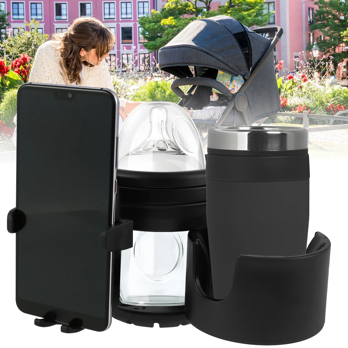 Kinderwagen Bekerhouder Universele Kinderwagen Waterflesstandaard 360° ° Roterende telefoonhouder Dubbel gat Babyauto's Organizer Cup Rack