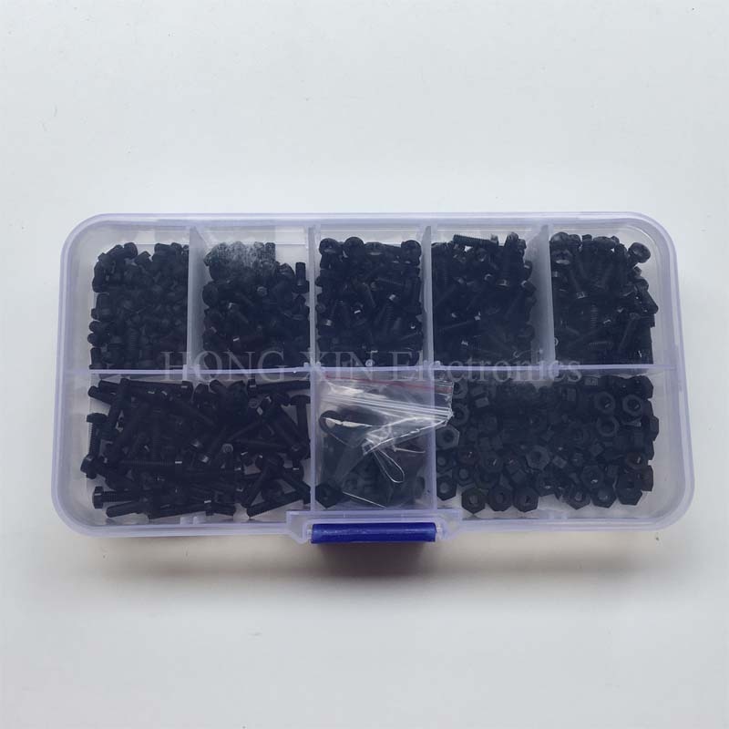 500pcs/set Nylon screw M2 M2.5 M3 Black bolt nut washer plastic screw 4/5/6/8/10/12mm