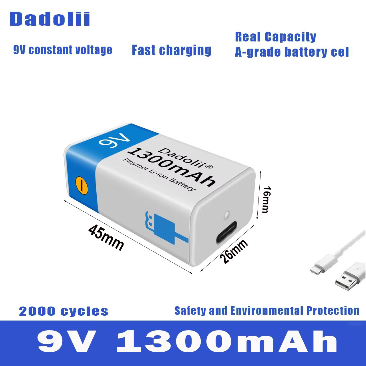 Wiederaufladbare 9V Li-Ion Batterie - 1300mAh - Micro USB - Ladegerät Set - Kompatibel mit Multimeter, Mikrofon, Spielzeug