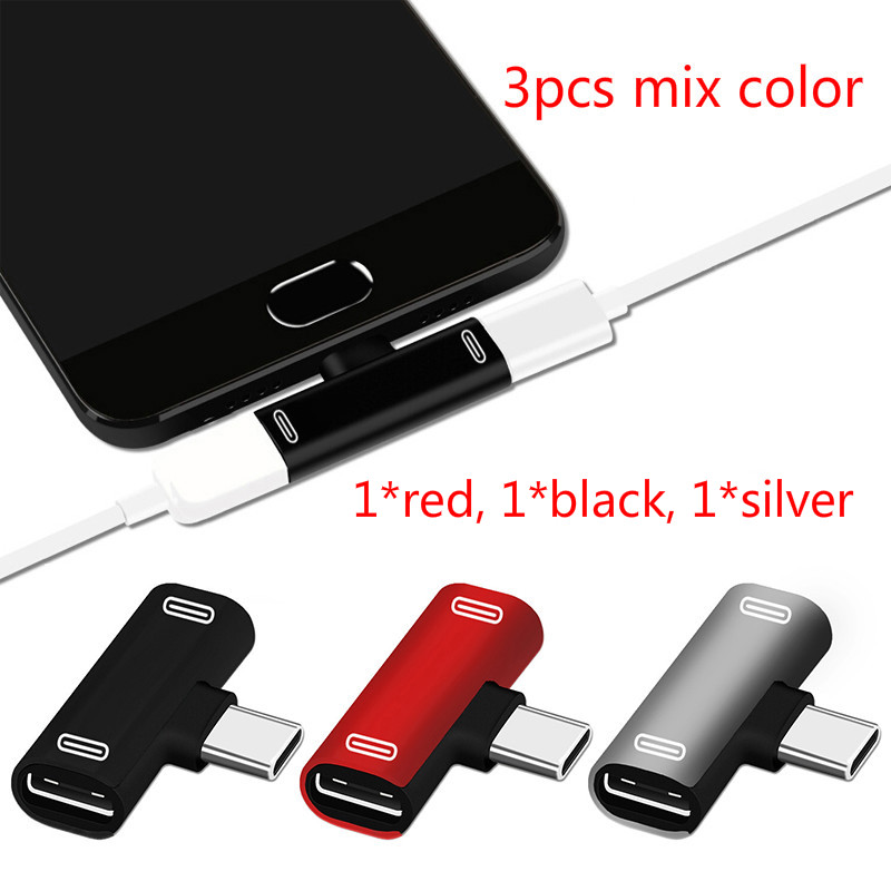 3 In 1 Double Type-c Adapter USB Type-C Charging Cable Charger Earphone Converter For Xiaomi 6/8 Headphone Adapter: 3pcs mix color