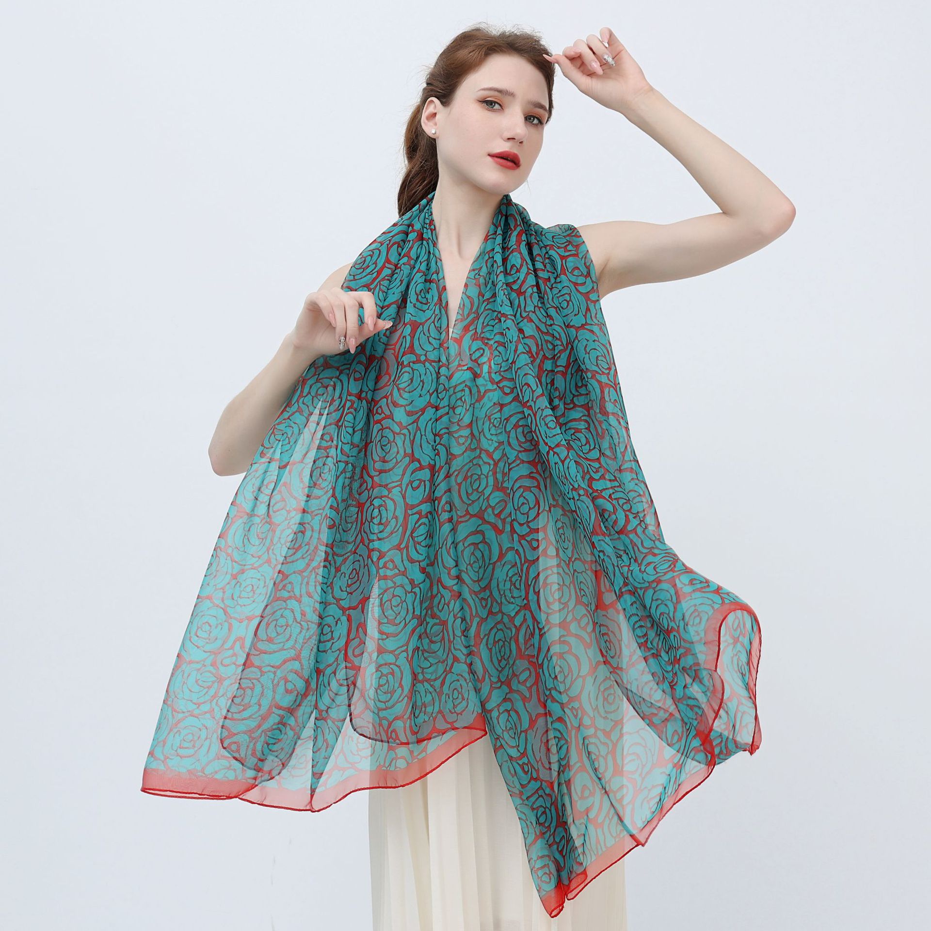 Lenço de seda estampado hijab feminino primavera deisgn macio praia estolas elegantes lenços de cabeça echarpe xale cetim grande envoltório echarpe bandana