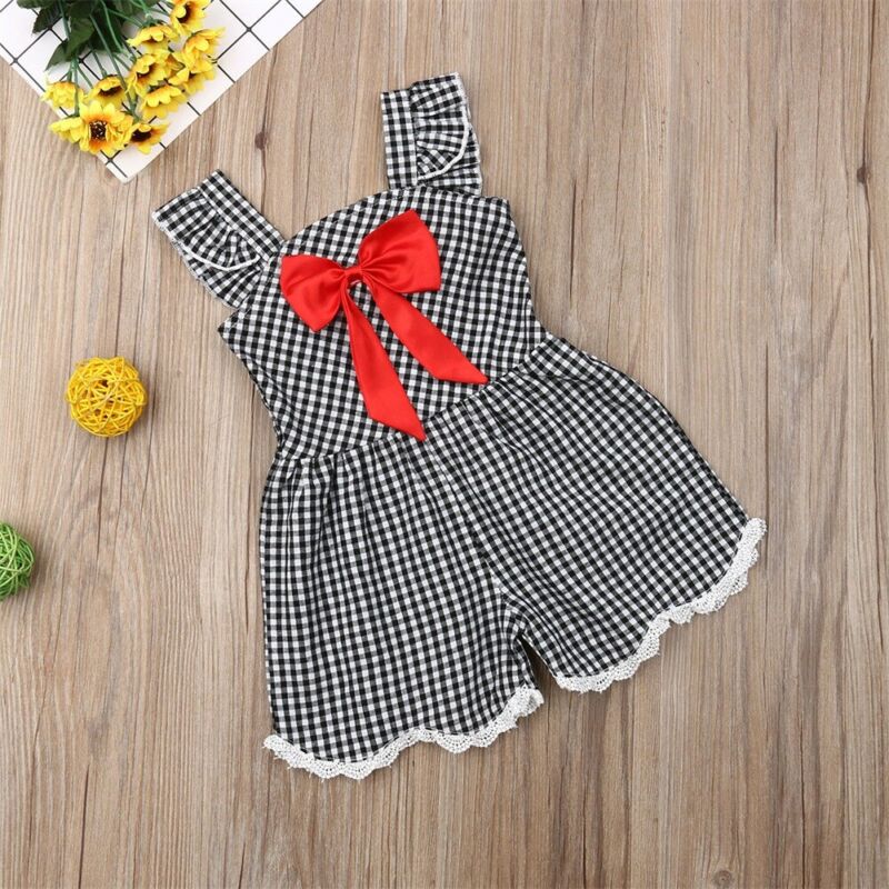 Peuter Kids Baby Meisje Strik Plaid Romper Overall Palysuit Zomer Mode Boog Kant Jumpsuit Faux Jurk Kleding