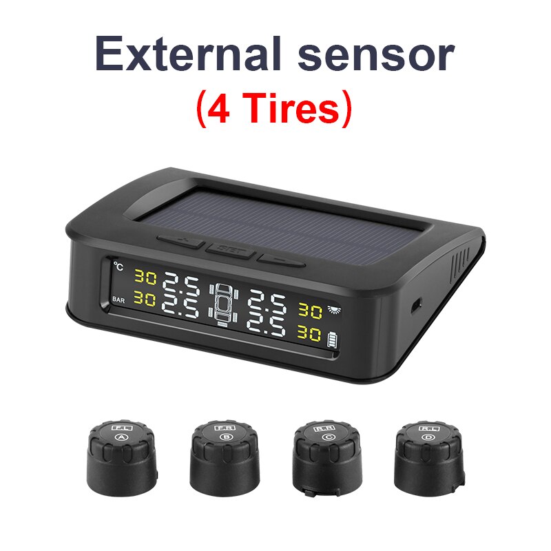 Tpms bil 5 dæksensorer trykalarm monitor system display sol ladning tryk kontrol advarsel med eksterne sensorer 6 bar: 4 eksterne sensorer