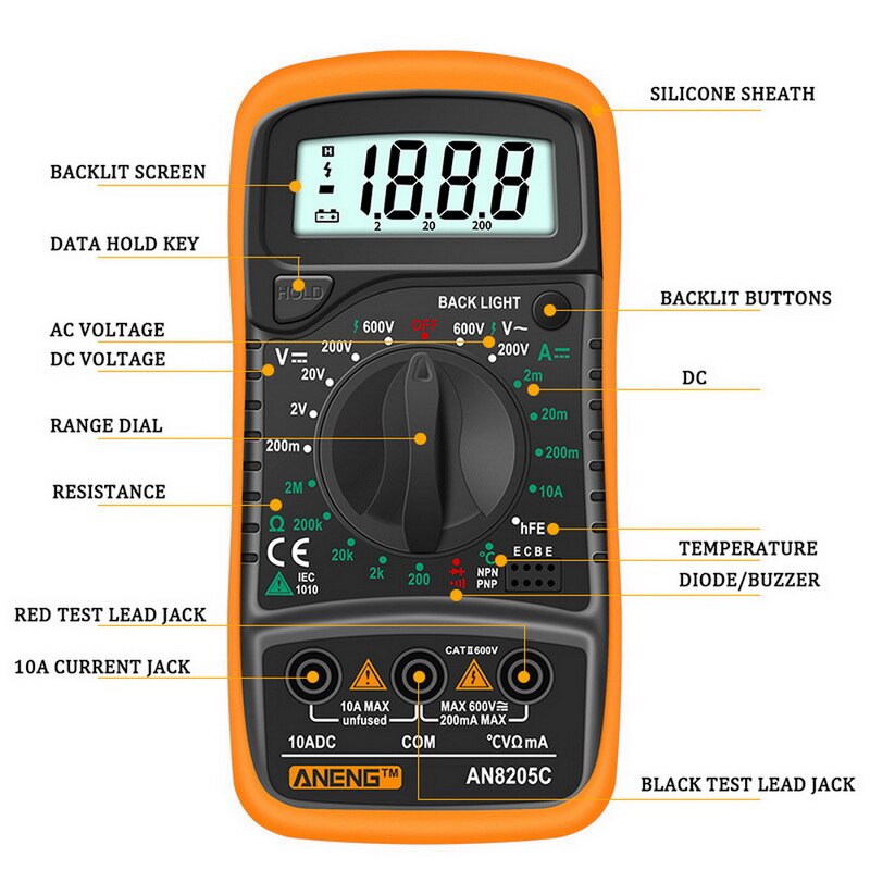 Digital Multimeter AC/DC Ammeter Volt Ohm Tester Meter Multimetro With Thermocouple LCD Backlight Portable Multimeter