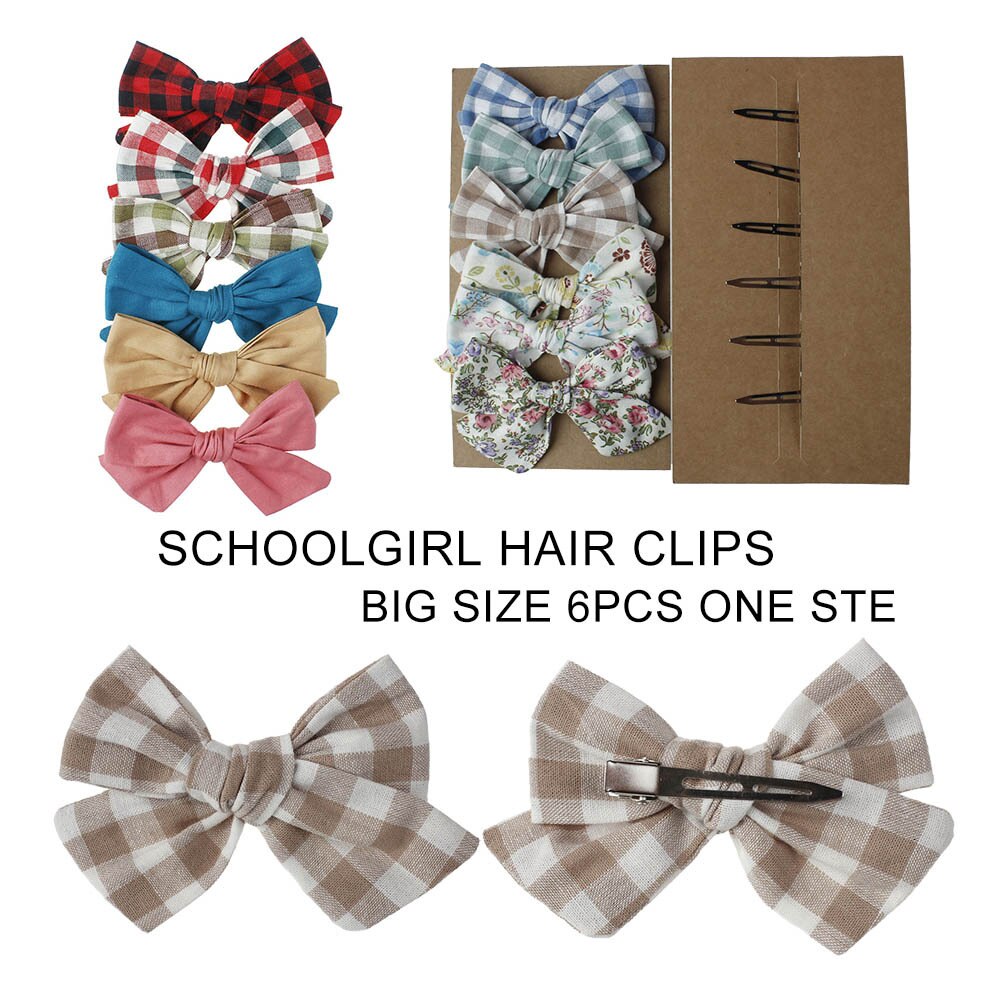 6 Stks/partij Baby Haar Clips Voor Meisjes Plaid Haarspeld Kids Big Bows Barrette Bloemen Printing Baby Kinderen Katoenen Haaraccessoires