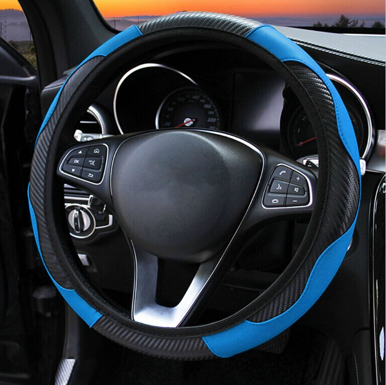 Protector de cuero y fibra de carbono para volante de coche, para peugeot 307 206 308 3008 306 407 205 508 406 1007: Azul