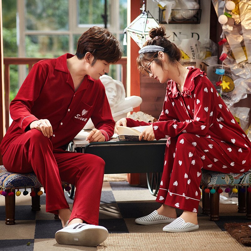 XIFER Autumn Winter Cotton Couple Pajamas Men Women Cotton Long-sleeved Red Wedding Homewear Large Size Love Pattern Pajamas Set