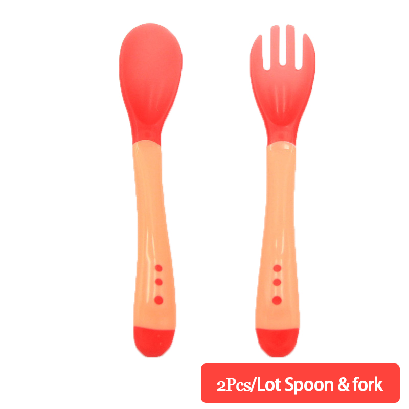 Cuchara tenedor con sensor de temperatura para alimentación de niños, aparato de comedor, cubiertos para niños: Rojo