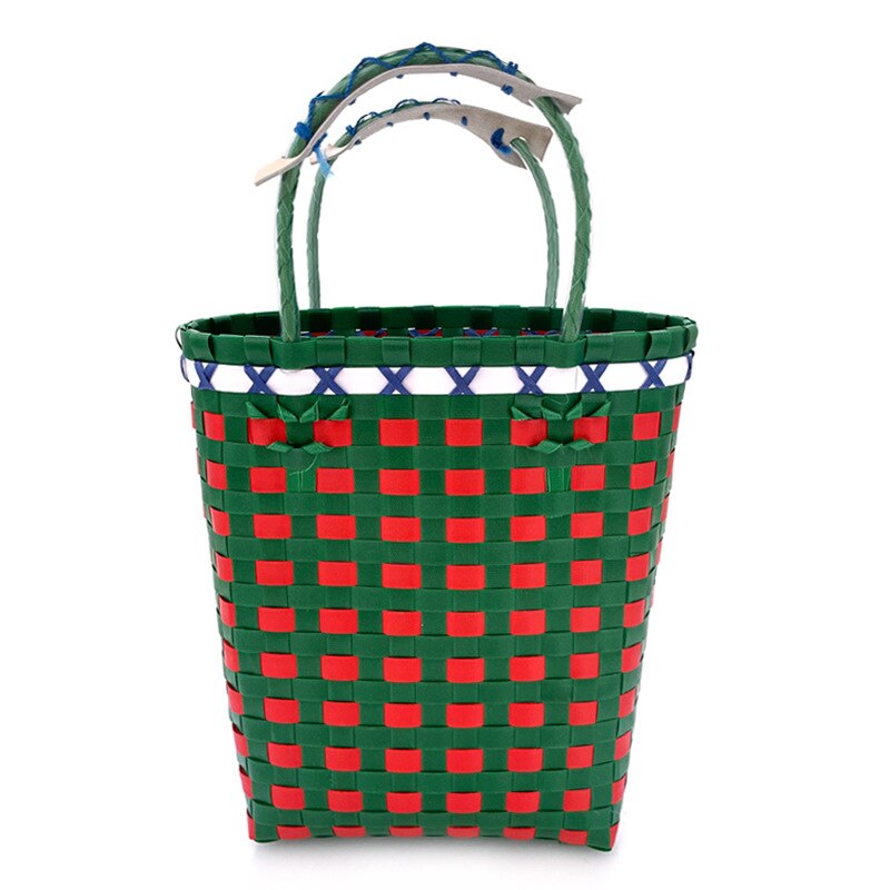 Cesta de Picnic tejida a mano de estilo japonés, bolsa de cesta de verduras tejida de plástico, bolsa de playa de mano, cesta Multicolor a cuadros, novedad: Green