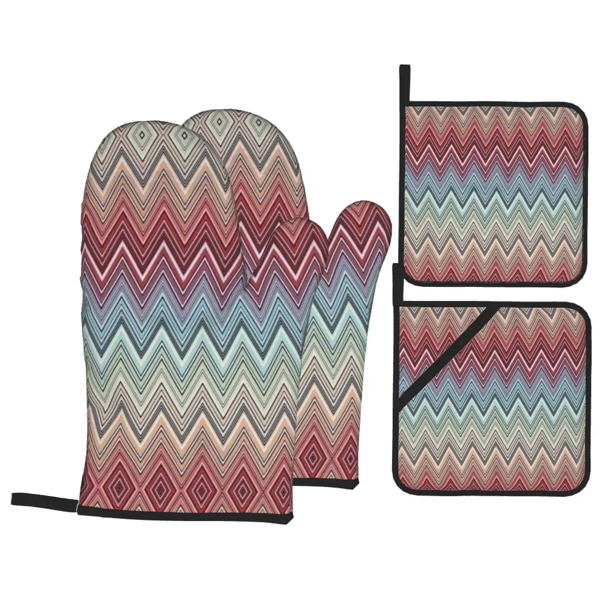 ZigZag Oven Mitts and Pot Holders 4pcs Set for Baking Cooking Non-Slip Heat Resistant Geometric BBQ Kitchen Gloves Potholders: green