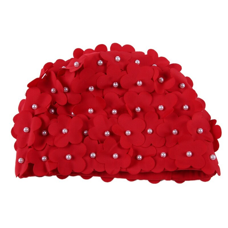 Handgemaakte zwemsportmuts dames parel gestikte bloemen bloemen elastische ademende strandmuts badmuts sportkleding lang haar: Rood