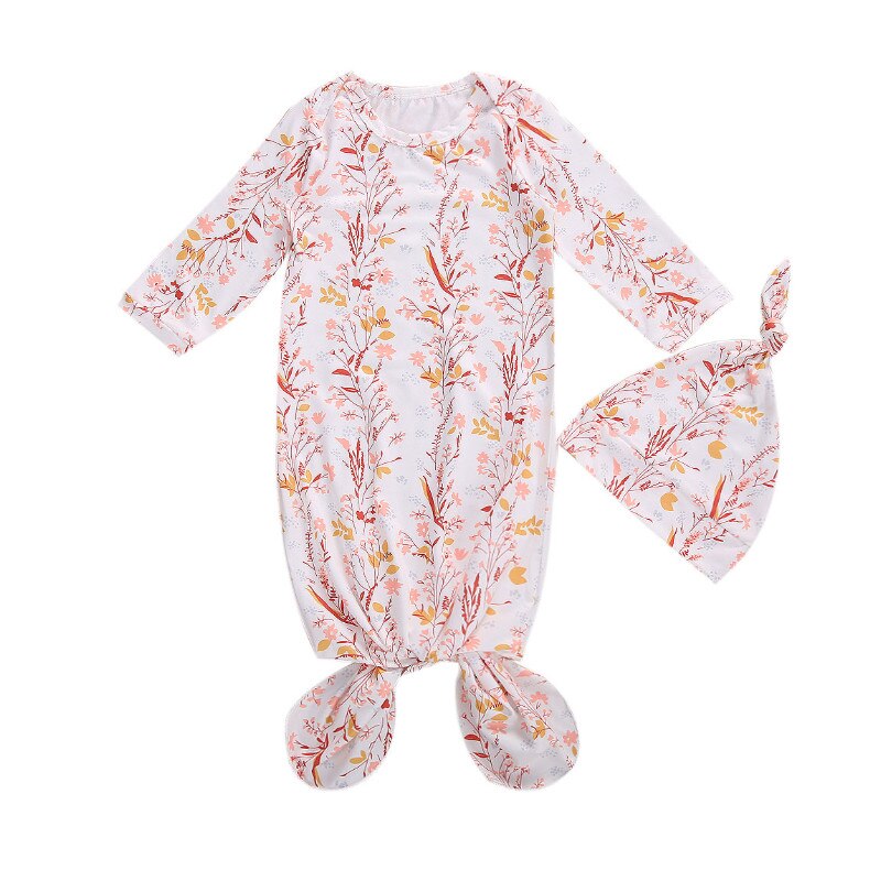 Spring Autumn Baby’s Sleepwear 2 Pcs Floral Printed Round-Collar Long-Sleeves One-Pieces + Cute Hat Set for Toddler, Boys, Girls