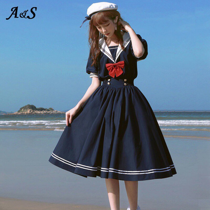 Anbenser japonês doce lolita vestido harajuku marinheiro colarinho vestidos da marinha vintage arco kawaii meninas estilo preppy vestido de manga longa