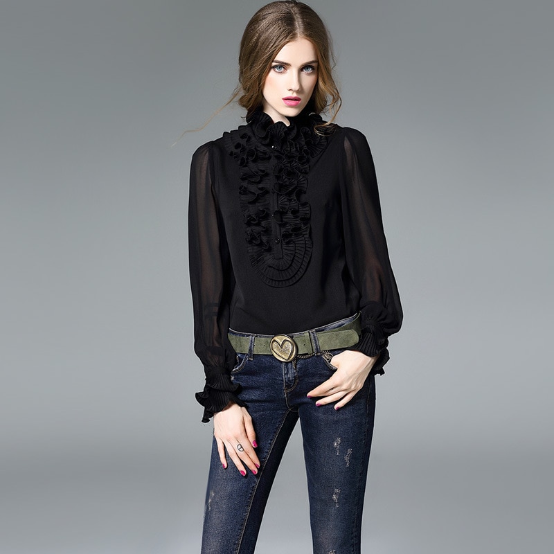 Haut de gamme automne nouvelle femmes Satin soie Blouse chemise décontracté à volants col pli pulls réel soie Blouses hauts