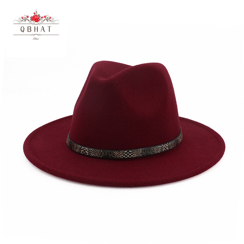 QBHAT femmes hommes à large bord laine feutre chapeau disquette Jazz casquette Panama Fedora chapeaux avec serpent Grain cuir Trilby QB57