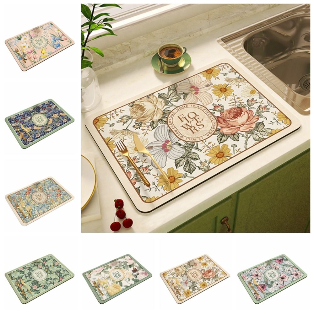 Serviesgoedkleed Superabsorberende Schoteldroogmat Bloemenprint Antislip Afvoermat Sneldrogend Vintage Afvoerkussen Tafeldecoratie