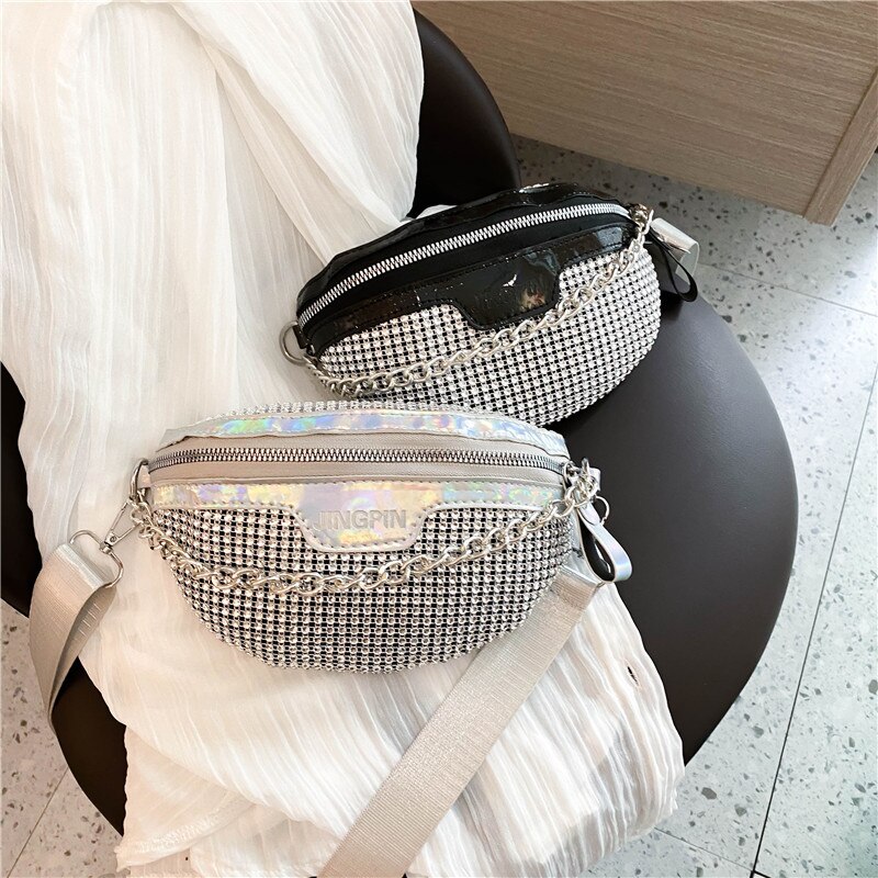 Strass Taille Zakken Vrouwen Zilveren Fanny Pack Vrouwelijke Riem Tas Zwarte Geometrische Taille Packs Glitter Borst Telefoon Pouch